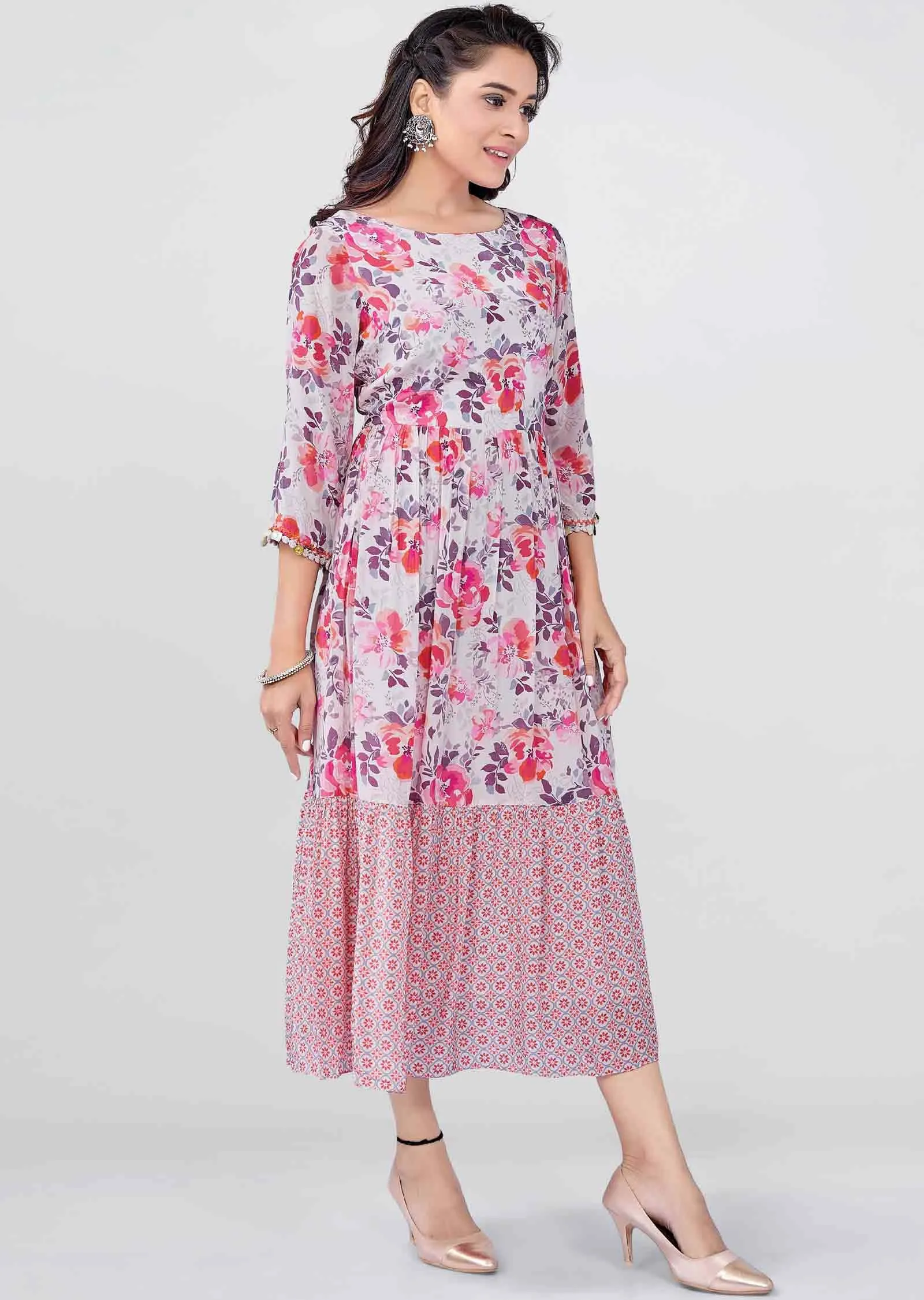 Baby Pink Crepe Floral Printed Frock Style Kurti