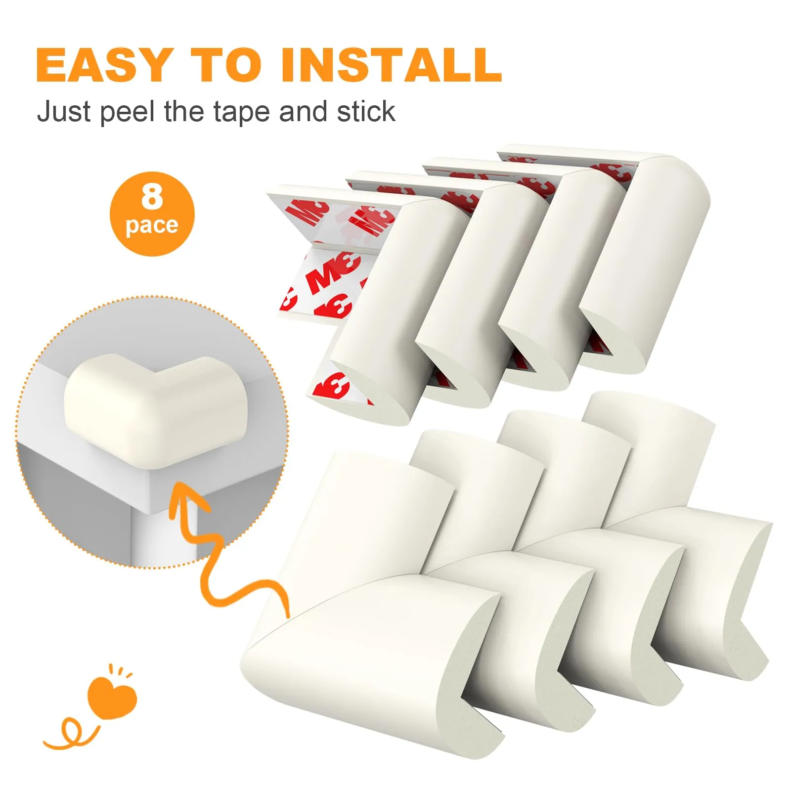 Baby Proofing Corner Guards, 8 Pack Pre-Taped Table Corner Protector for Baby, Soft Rubber Foam Furniture Corner Bumper Guards for Fireplace, Table, Stair, Cabinet (White) White