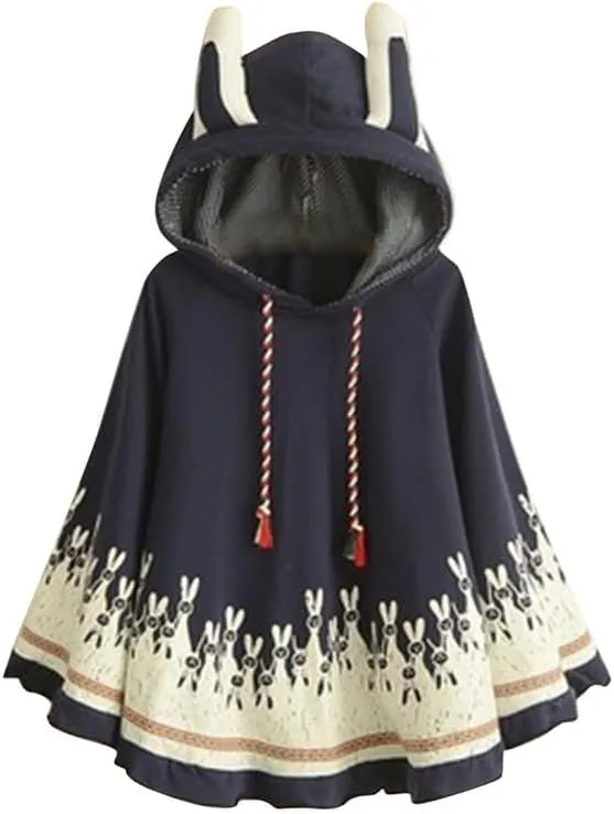 BAIMORE Japanese Style Mori Girl Cute Cartoon Rabbit Ear Loose Hooded Cape Cotton Shawl Casual Cloak Outerwear