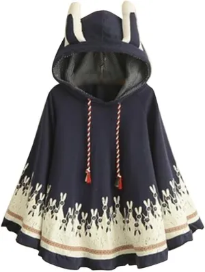 BAIMORE Japanese Style Mori Girl Cute Cartoon Rabbit Ear Loose Hooded Cape Cotton Shawl Casual Cloak Outerwear