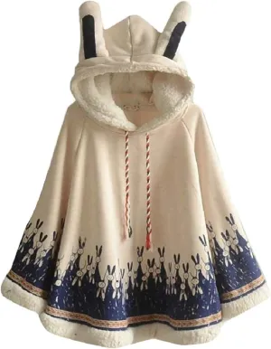 BAIMORE Japanese Style Mori Girl Cute Cartoon Rabbit Ear Loose Hooded Cape Cotton Shawl Casual Cloak Outerwear