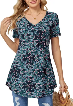 BAISHENGGT Women's Tunic Tops for Leggings Summer Short Sleeve V Neck Button Casual Blouses Flowy T Shirt