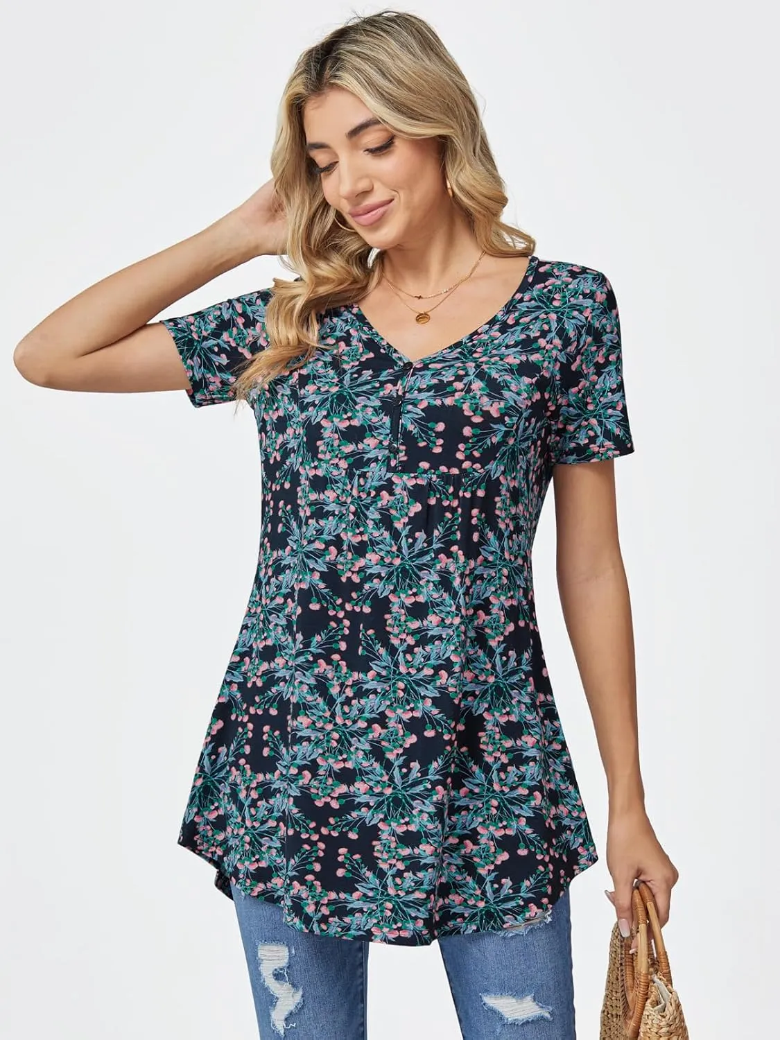 BAISHENGGT Women's Tunic Tops for Leggings Summer Short Sleeve V Neck Button Casual Blouses Flowy T Shirt