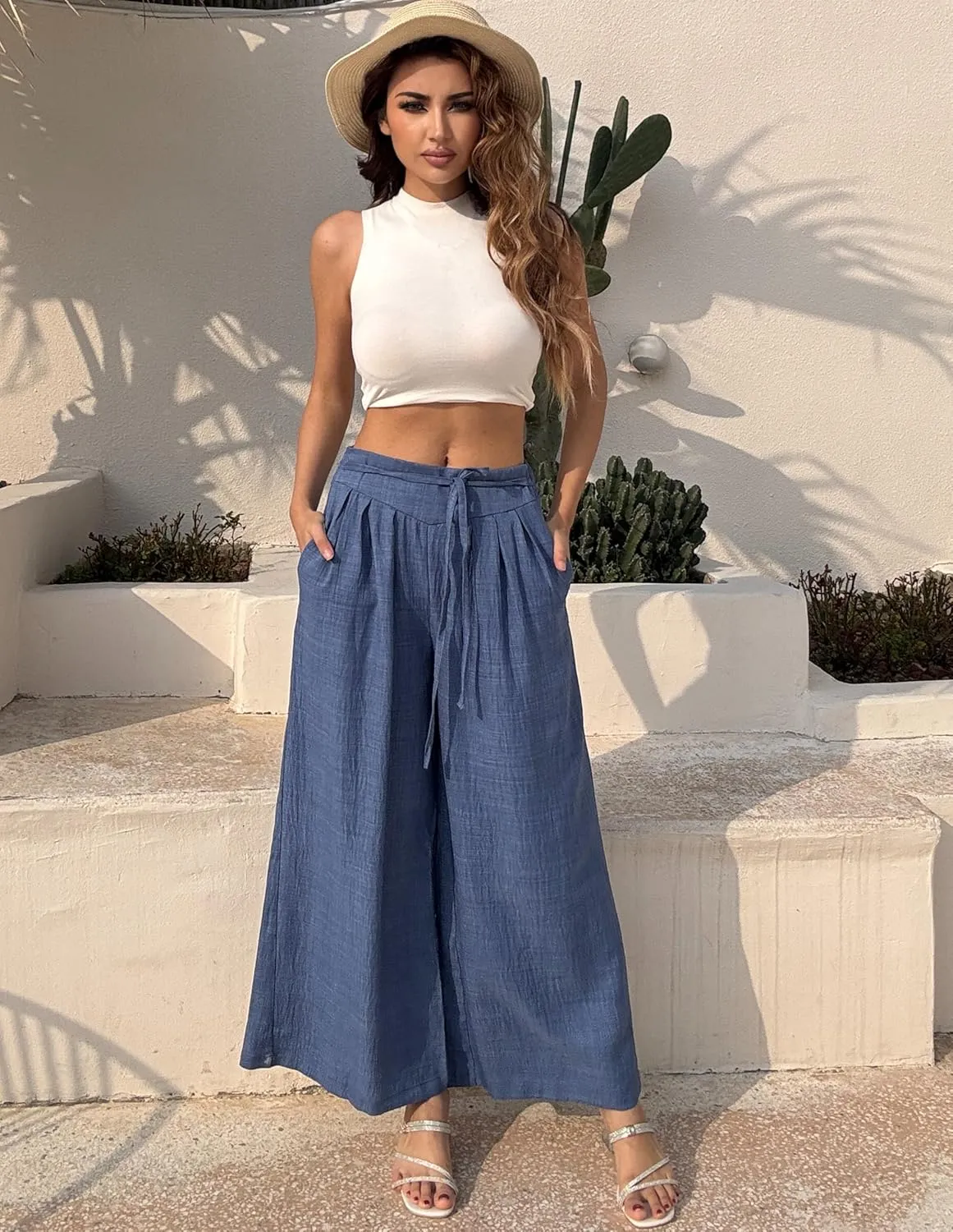 Belle Poque Women's High-Waisted Wide Leg Palazzo Pants - Elastic Waist, Flowy Boho Casual Summer Trousers with Pockets
