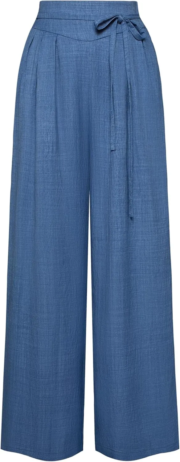 Belle Poque Women's High-Waisted Wide Leg Palazzo Pants - Elastic Waist, Flowy Boho Casual Summer Trousers with Pockets