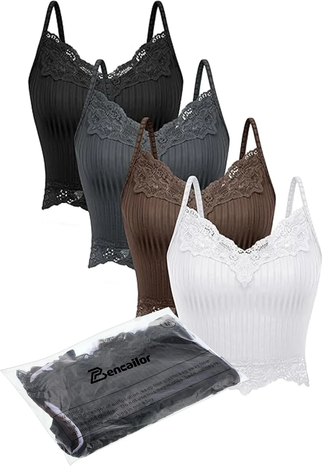 Bencailor 4 Pcs Lace Y2k Tank Tops Fairy Grunge Clothes Crop Tops Lace Patchwork Cami Ribbed Knitted Tank for Women