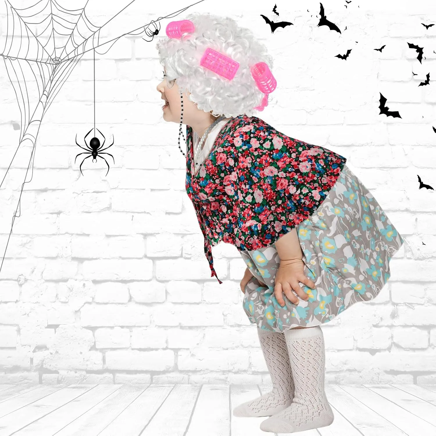 Berlune 7 Pcs 100th Day of School Old Lady Costume Old Grandma Costume Print Shawl Granny Wig Crutch Necklace