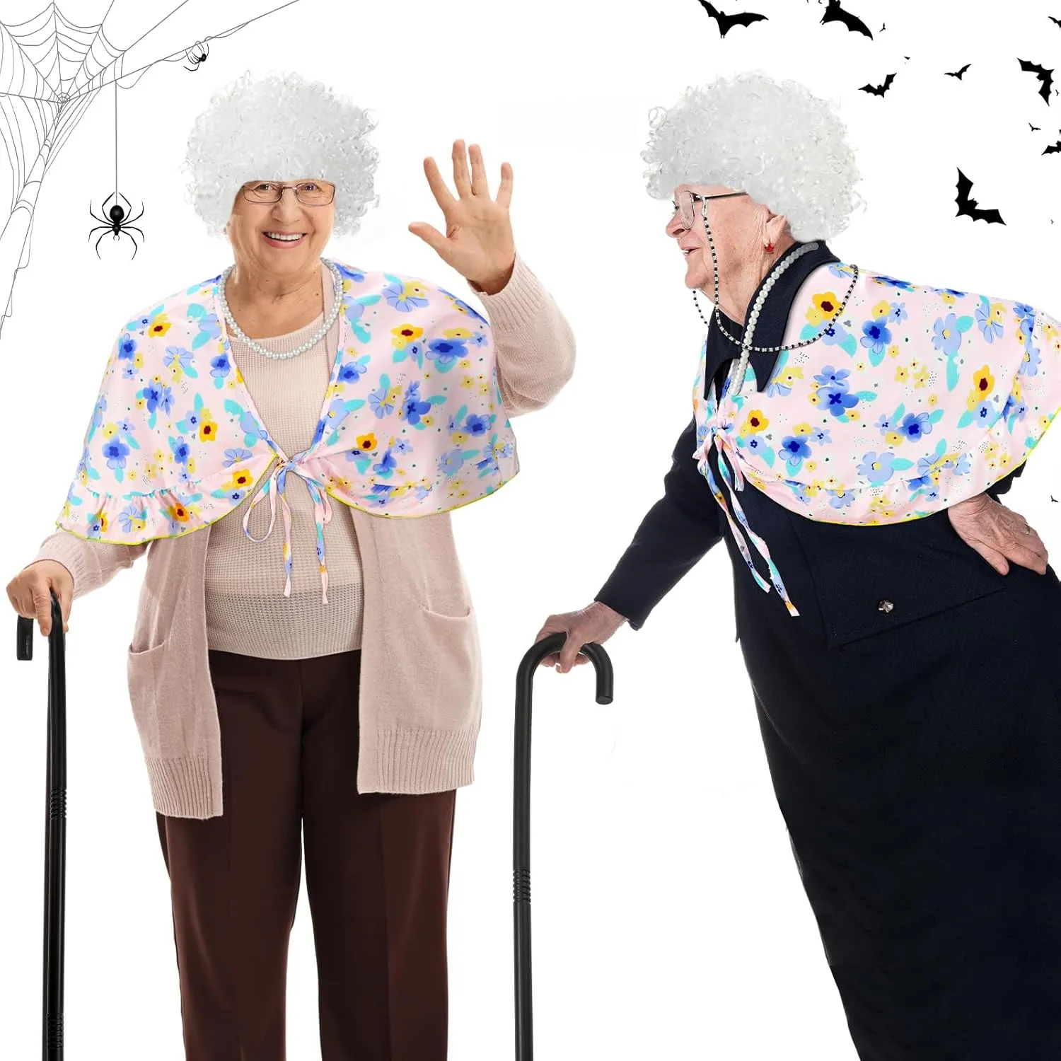 Berlune 7 Pcs 100th Day of School Old Lady Costume Old Grandma Costume Print Shawl Granny Wig Crutch Necklace