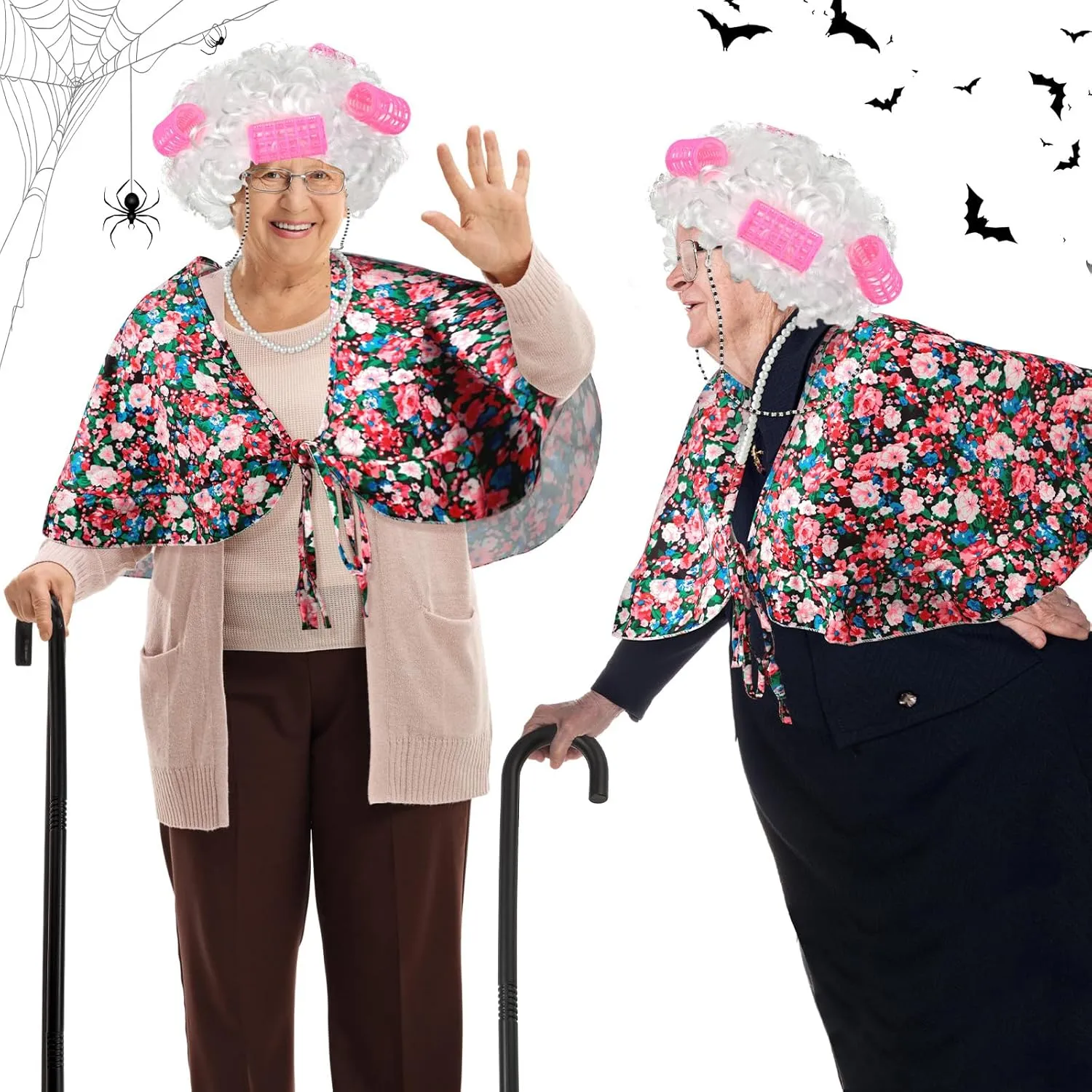 Berlune 7 Pcs 100th Day of School Old Lady Costume Old Grandma Costume Print Shawl Granny Wig Crutch Necklace