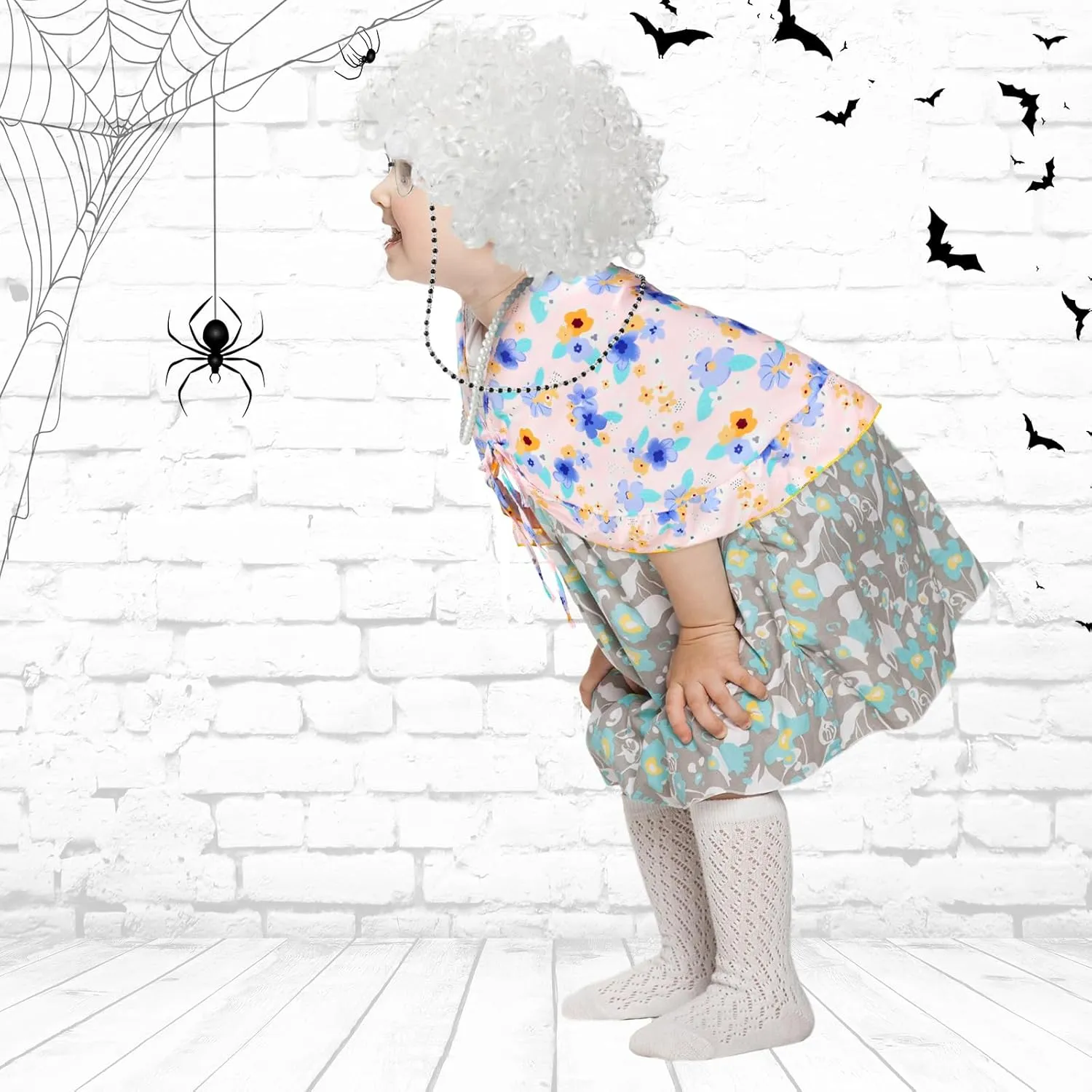 Berlune 7 Pcs 100th Day of School Old Lady Costume Old Grandma Costume Print Shawl Granny Wig Crutch Necklace