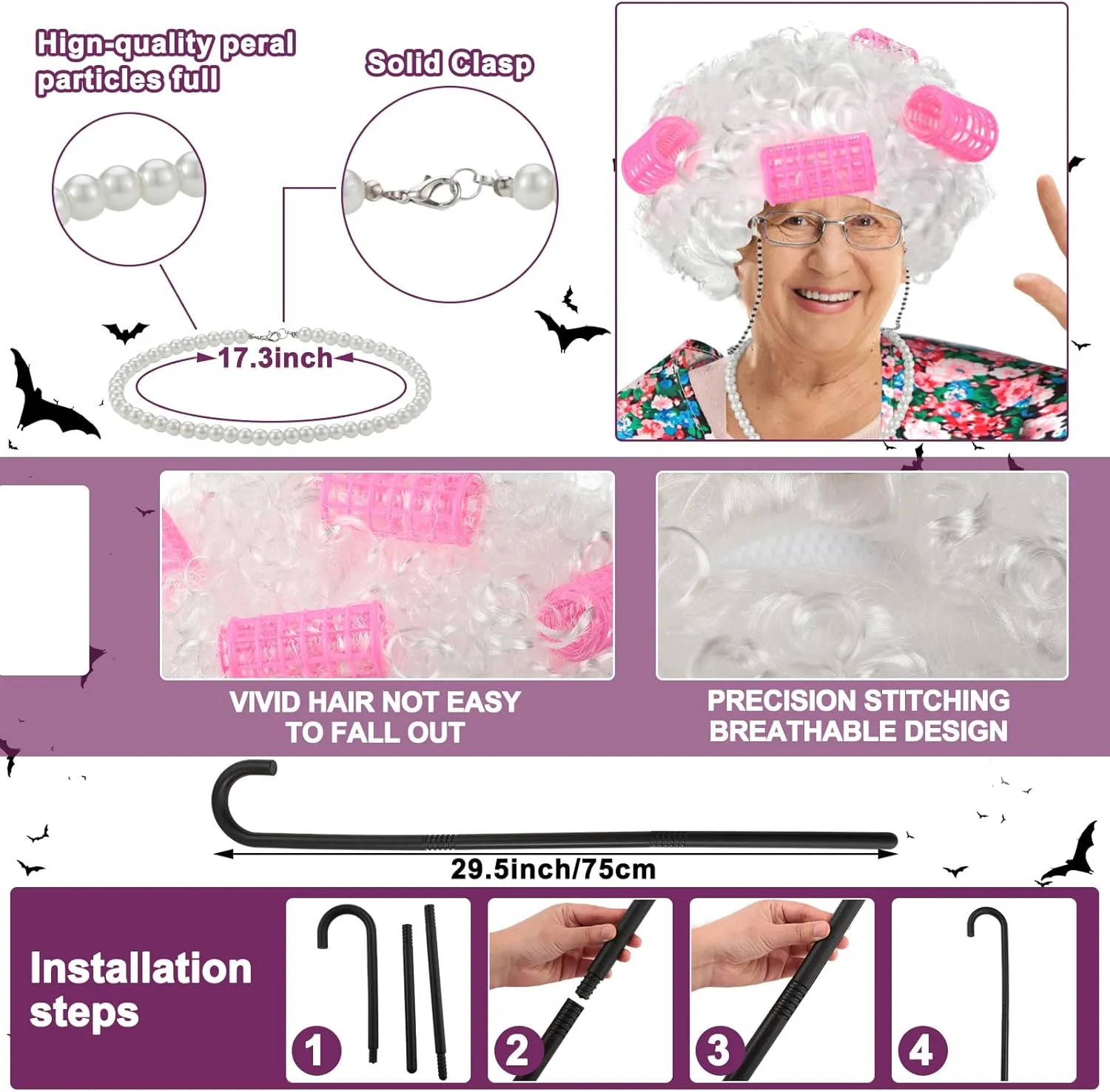 Berlune 7 Pcs 100th Day of School Old Lady Costume Old Grandma Costume Print Shawl Granny Wig Crutch Necklace