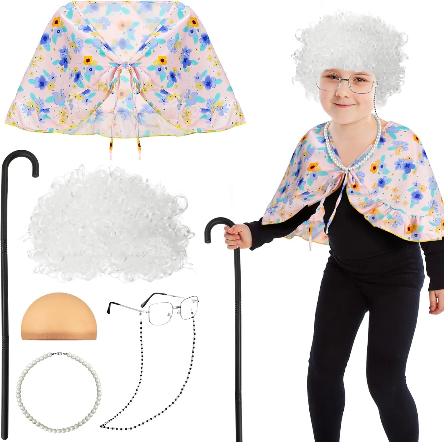 Berlune 7 Pcs 100th Day of School Old Lady Costume Old Grandma Costume Print Shawl Granny Wig Crutch Necklace