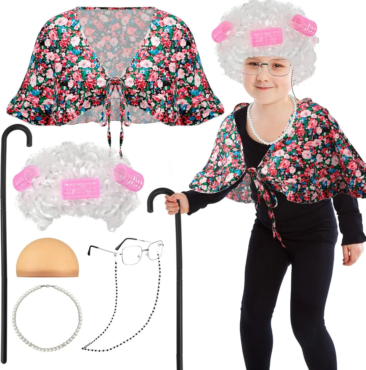 Berlune 7 Pcs 100th Day of School Old Lady Costume Old Grandma Costume Print Shawl Granny Wig Crutch Necklace