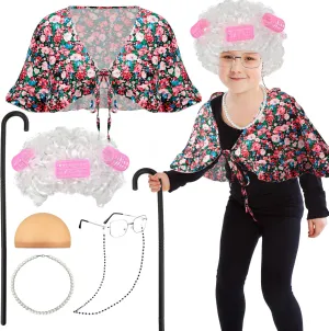 Berlune 7 Pcs 100th Day of School Old Lady Costume Old Grandma Costume Print Shawl Granny Wig Crutch Necklace