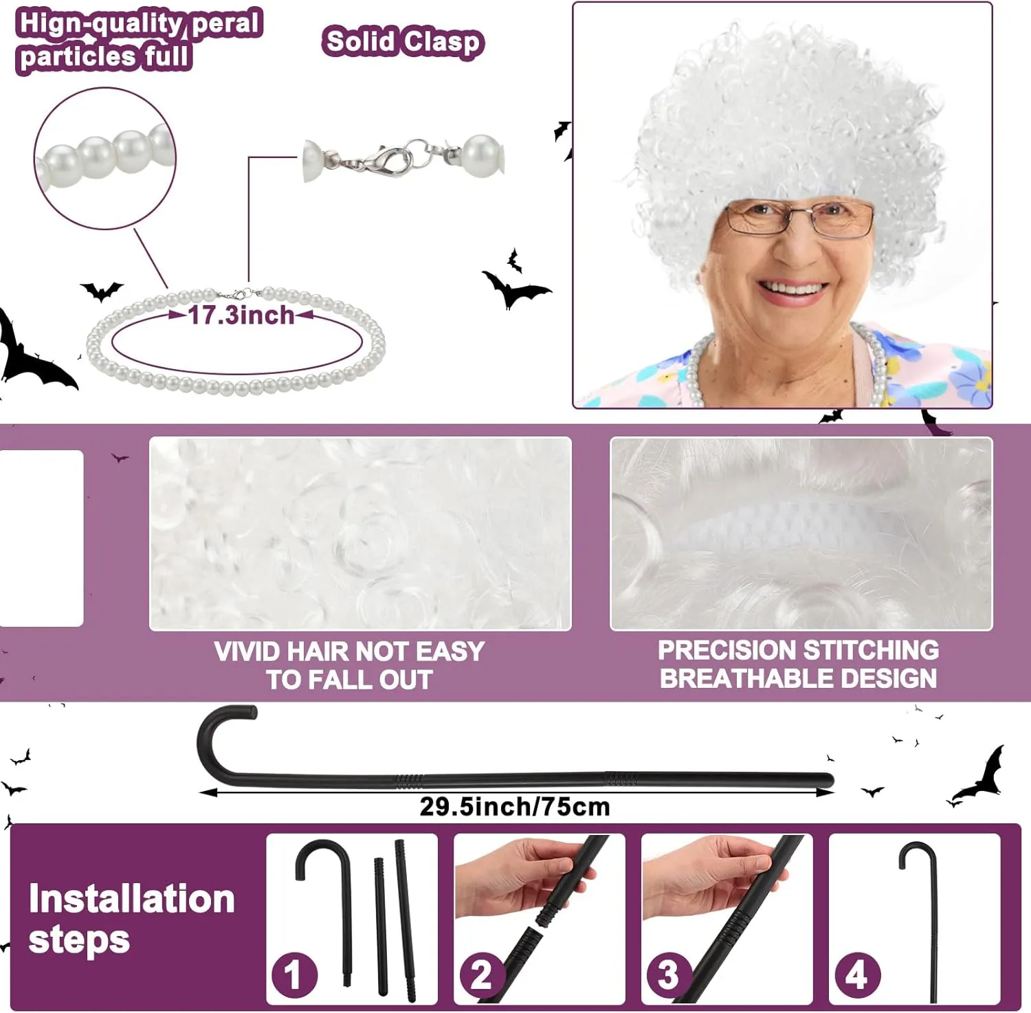 Berlune 7 Pcs 100th Day of School Old Lady Costume Old Grandma Costume Print Shawl Granny Wig Crutch Necklace