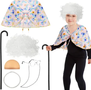 Berlune 7 Pcs 100th Day of School Old Lady Costume Old Grandma Costume Print Shawl Granny Wig Crutch Necklace