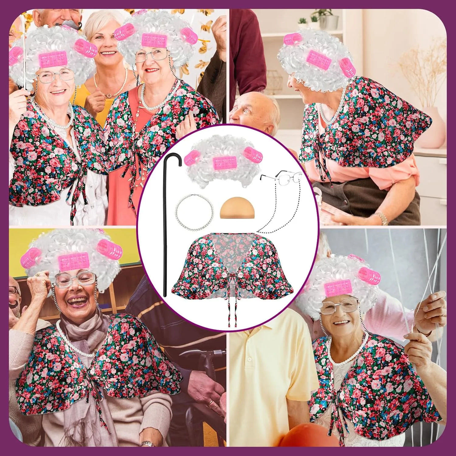 Berlune 7 Pcs 100th Day of School Old Lady Costume Old Grandma Costume Print Shawl Granny Wig Crutch Necklace