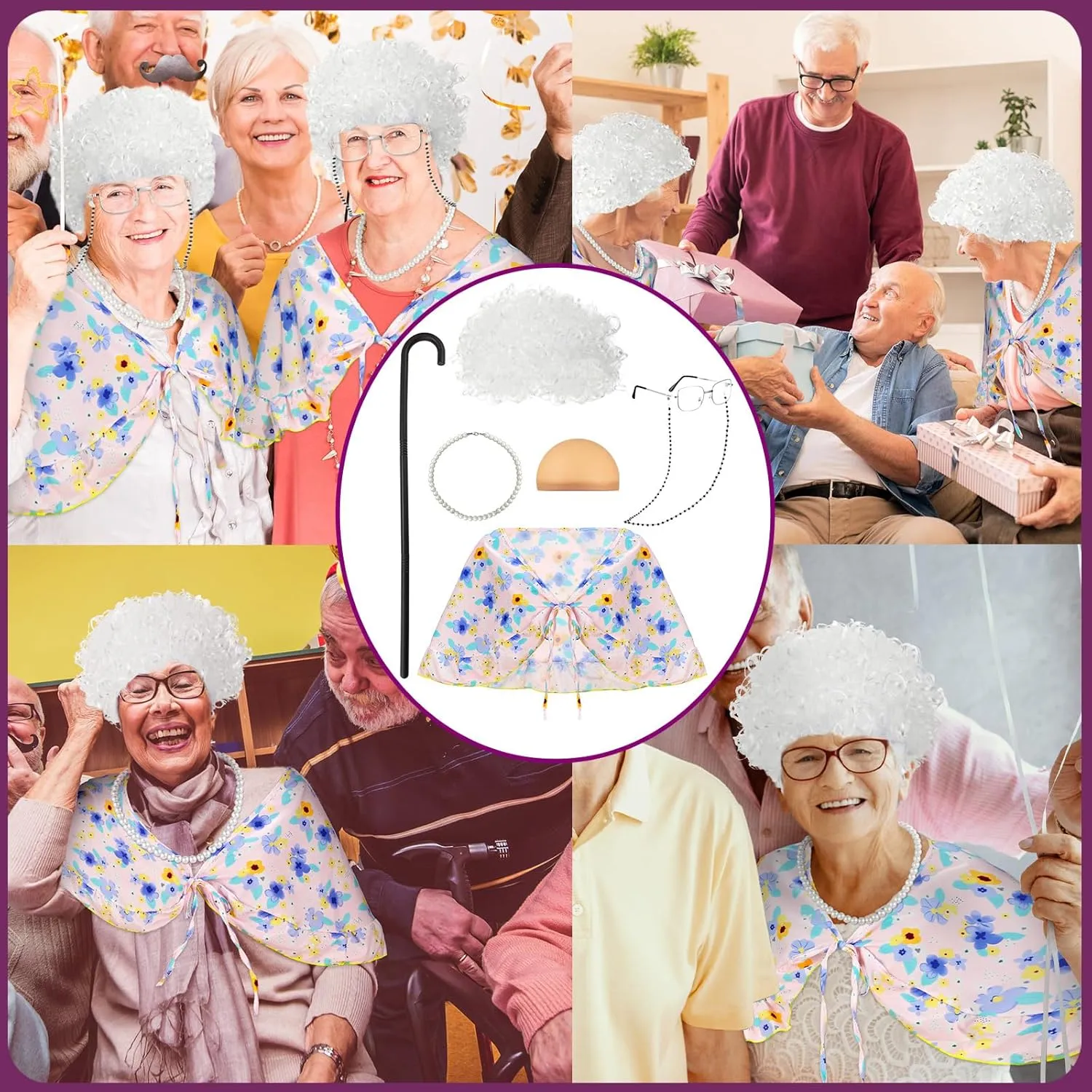 Berlune 7 Pcs 100th Day of School Old Lady Costume Old Grandma Costume Print Shawl Granny Wig Crutch Necklace