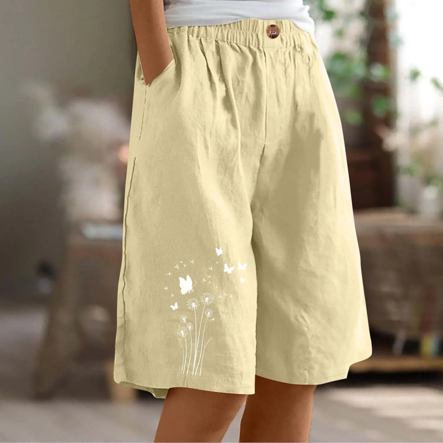 Bermuda Shorts for Women Elastic Waisted Knee Length Lounge Shorts Causal Dandelion Walking Short Pant with Pockets