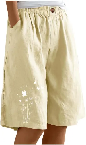 Bermuda Shorts for Women Elastic Waisted Knee Length Lounge Shorts Causal Dandelion Walking Short Pant with Pockets