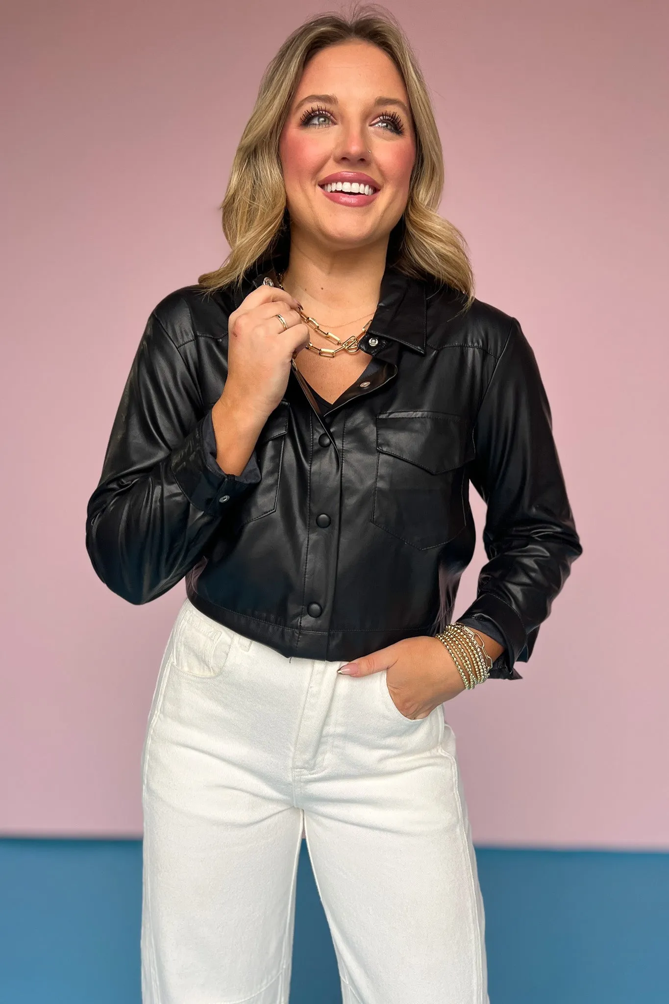 Black Faux Leather Button Down Top