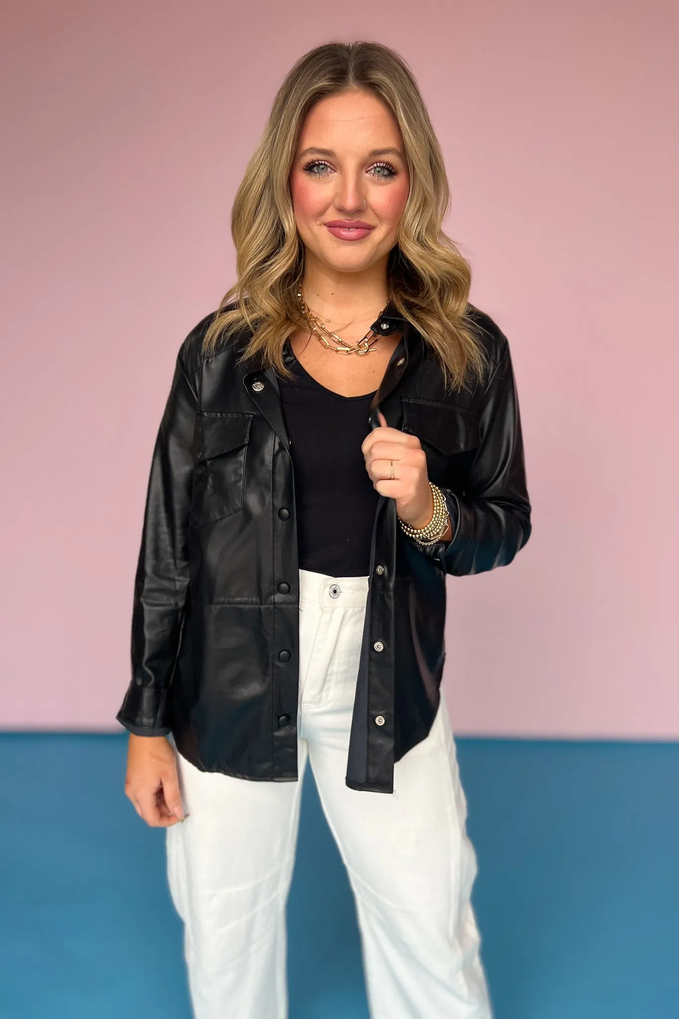 Black Faux Leather Button Down Top