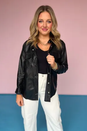 Black Faux Leather Button Down Top