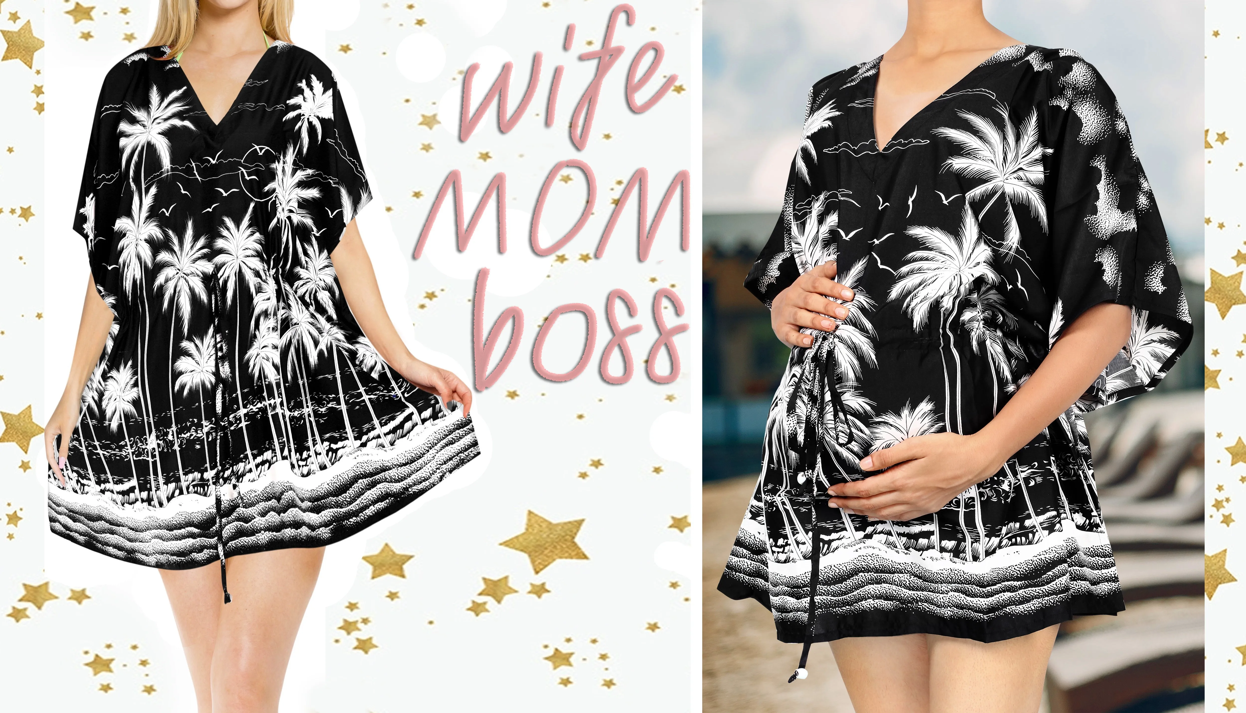 Black Tropical Palm Tree and Beach View Non-Sheer Beach Cover Up For Women