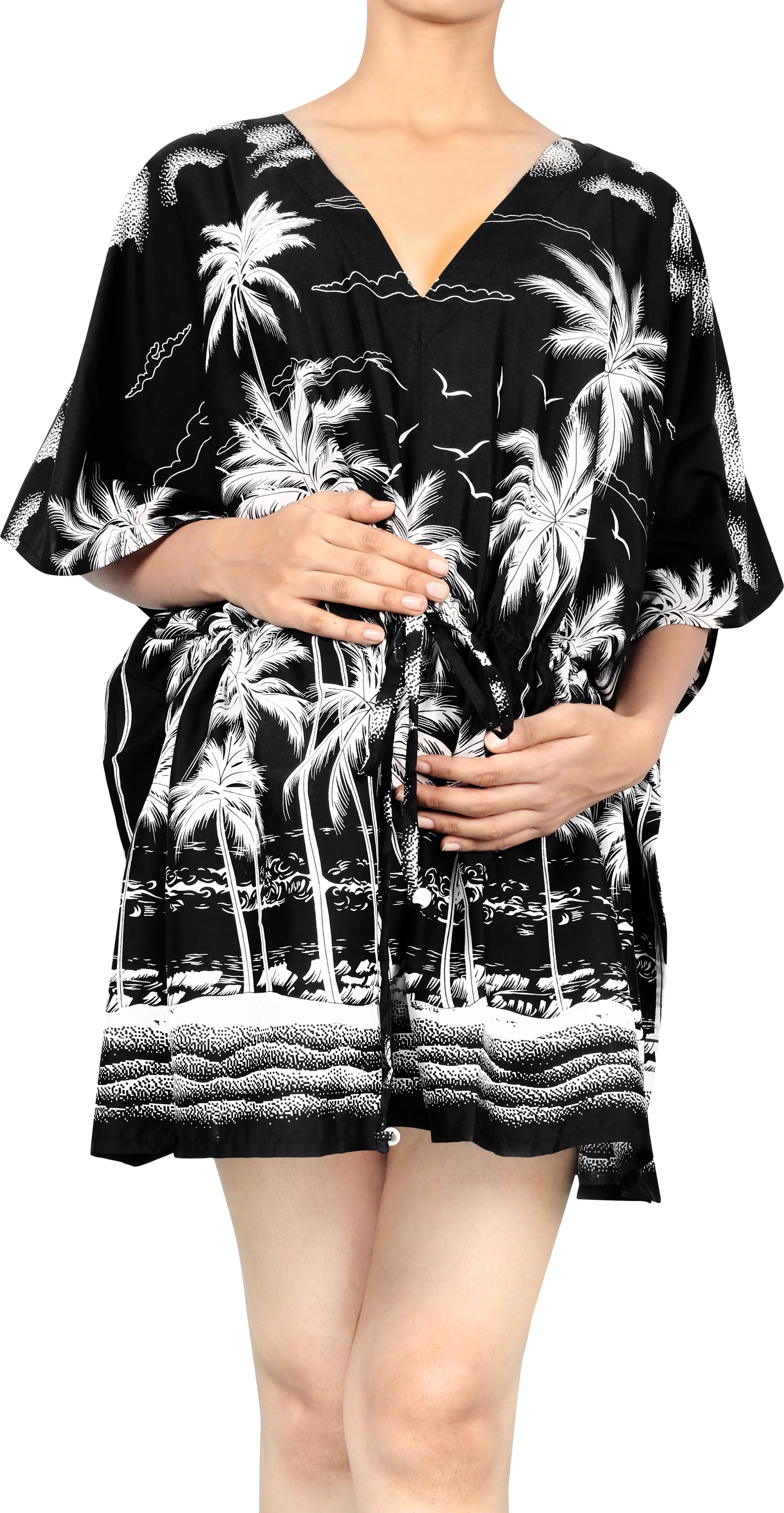 Black Tropical Palm Tree and Beach View Non-Sheer Beach Cover Up For Women