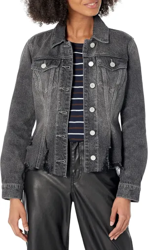 [BLANKNYC] Womens Wash Denim Peplum Trucker Jacket With Distressed Hem Finish, Fashionable & Stylish Coat, THRILL SEEKER, X-Small