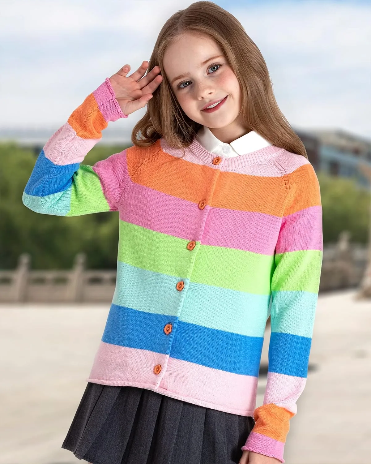 BOBOYOYO Girls Cute Cardigan 100% Cotton Rainbow Kids Cardigan Sweater Button up Striped Knit Cardigan Children for 5-12 Y
