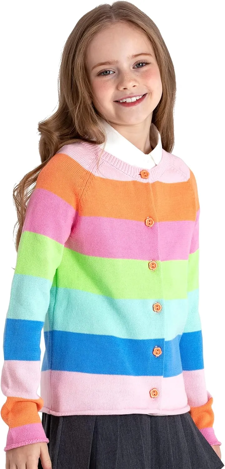 BOBOYOYO Girls Cute Cardigan 100% Cotton Rainbow Kids Cardigan Sweater Button up Striped Knit Cardigan Children for 5-12 Y