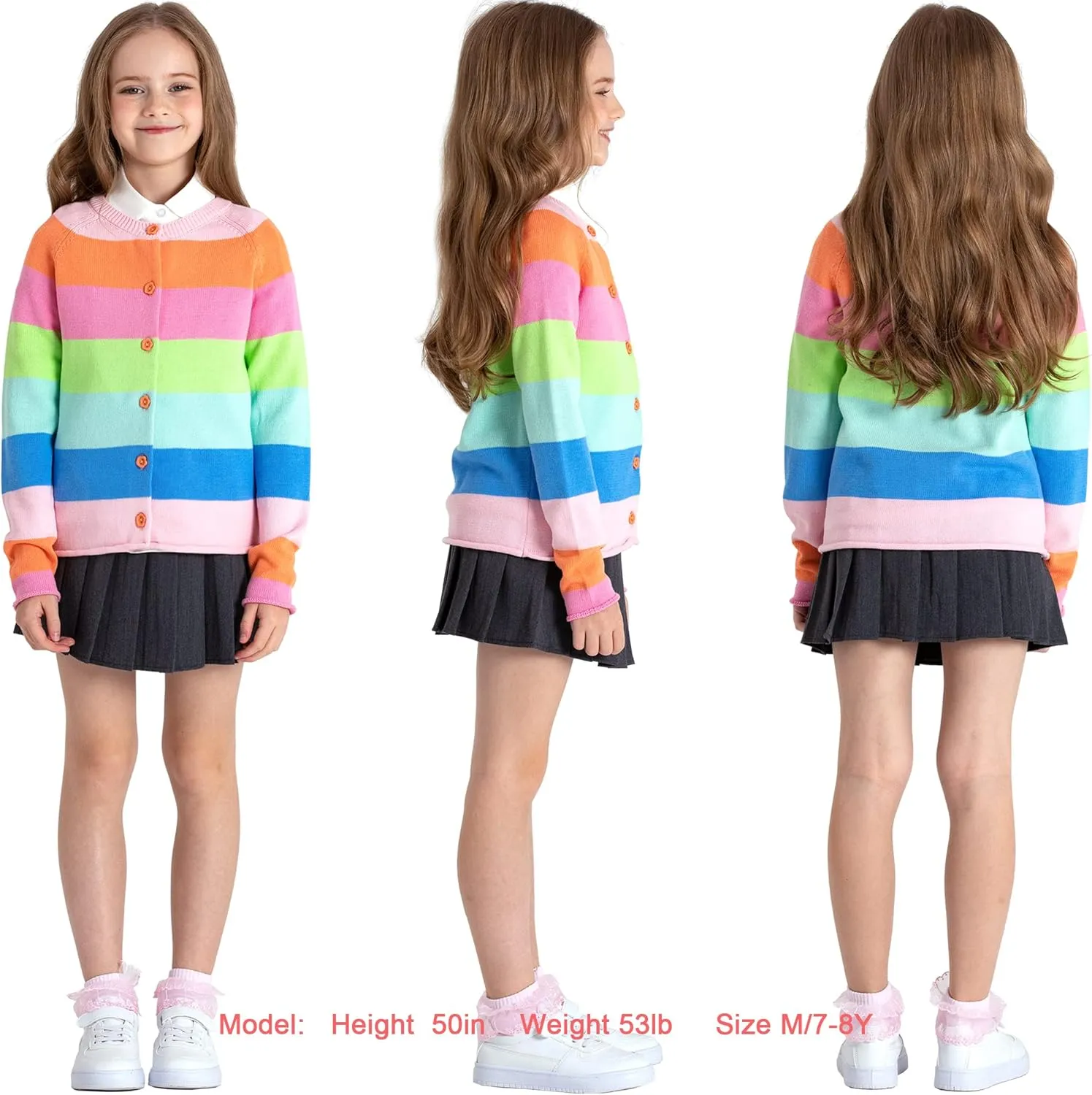 BOBOYOYO Girls Cute Cardigan 100% Cotton Rainbow Kids Cardigan Sweater Button up Striped Knit Cardigan Children for 5-12 Y
