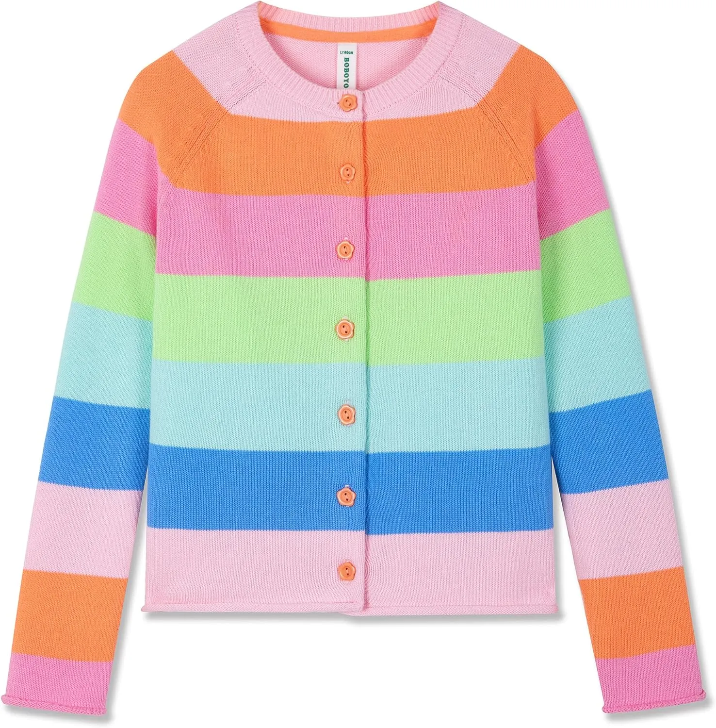 BOBOYOYO Girls Cute Cardigan 100% Cotton Rainbow Kids Cardigan Sweater Button up Striped Knit Cardigan Children for 5-12 Y