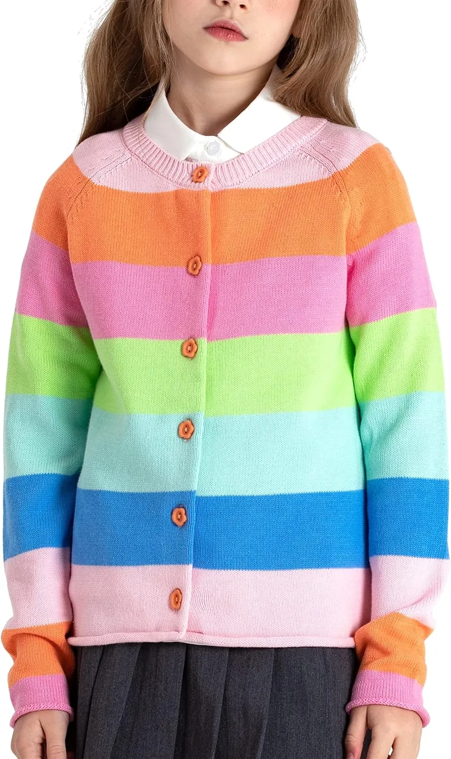 BOBOYOYO Girls Cute Cardigan 100% Cotton Rainbow Kids Cardigan Sweater Button up Striped Knit Cardigan Children for 5-12 Y