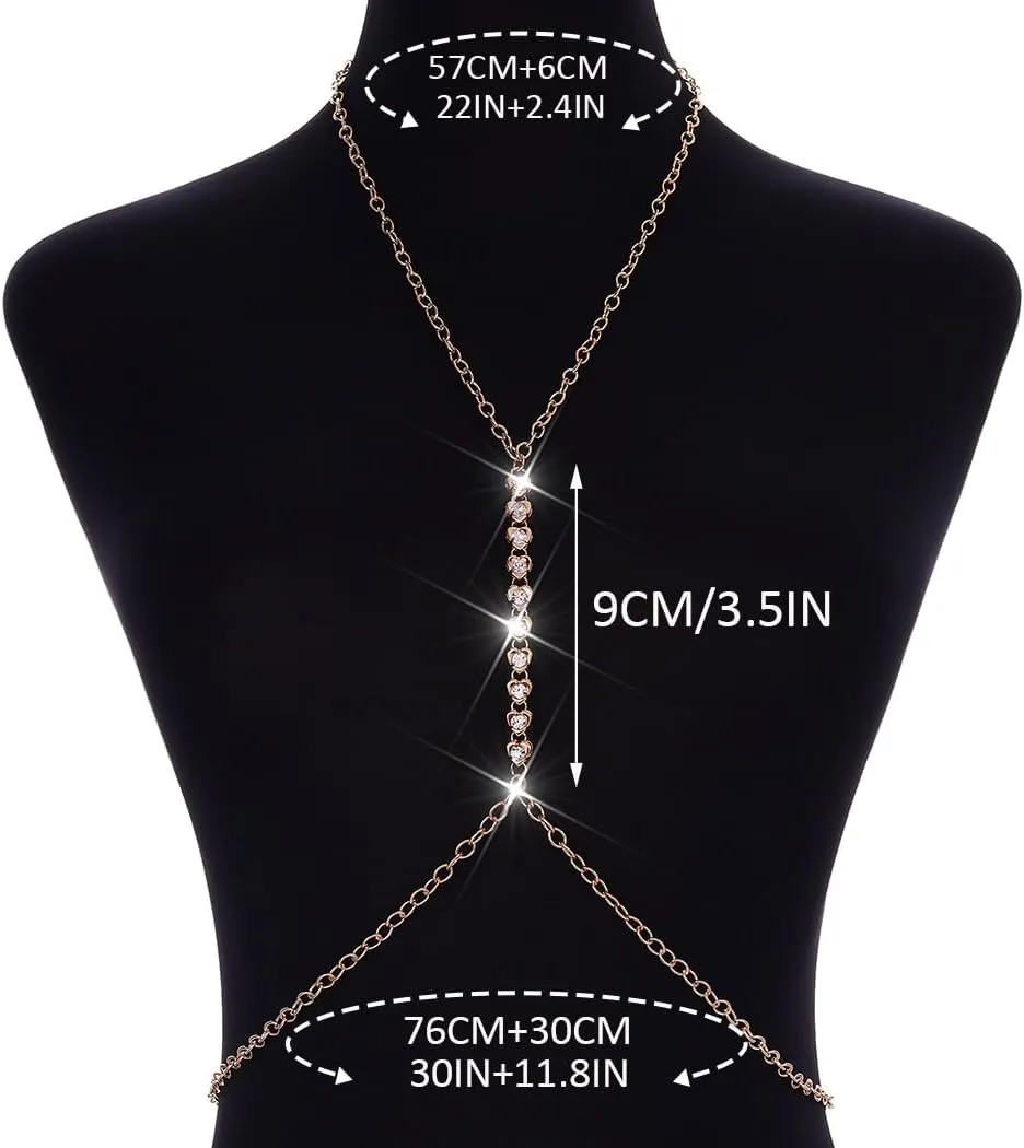 BODIY Silver Rhinestone Body Chain Heart Crystal Body Jewelry Necklace Bikini Bra Chain Sparkly Chest Accessories for Women