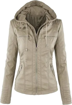 BOFETA Women Solid Color Long Sleeve Jackets Zipper Hooded Jacket Faux Leather Casual with Pockets Coat