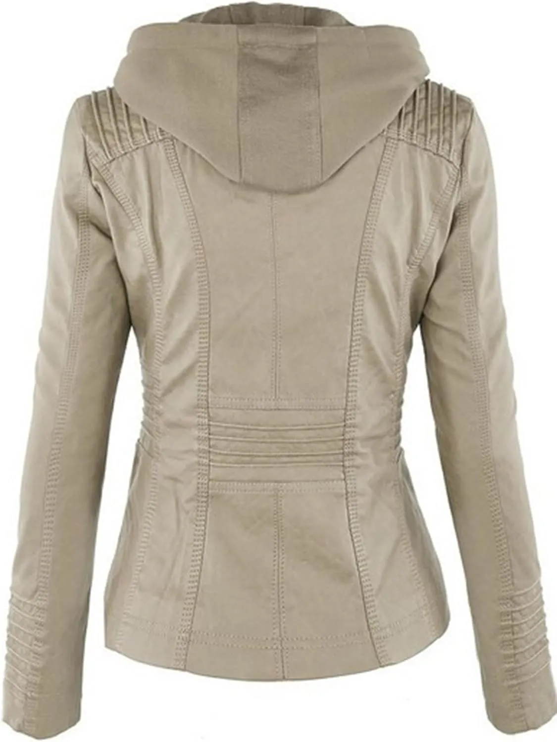 BOFETA Women Solid Color Long Sleeve Jackets Zipper Hooded Jacket Faux Leather Casual with Pockets Coat