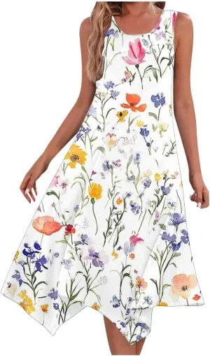 Boho Dresses for Women Casual 2025 Floral Print Sleeveless Dresses with Pockets Handkerchief Hem Beach Sundresses