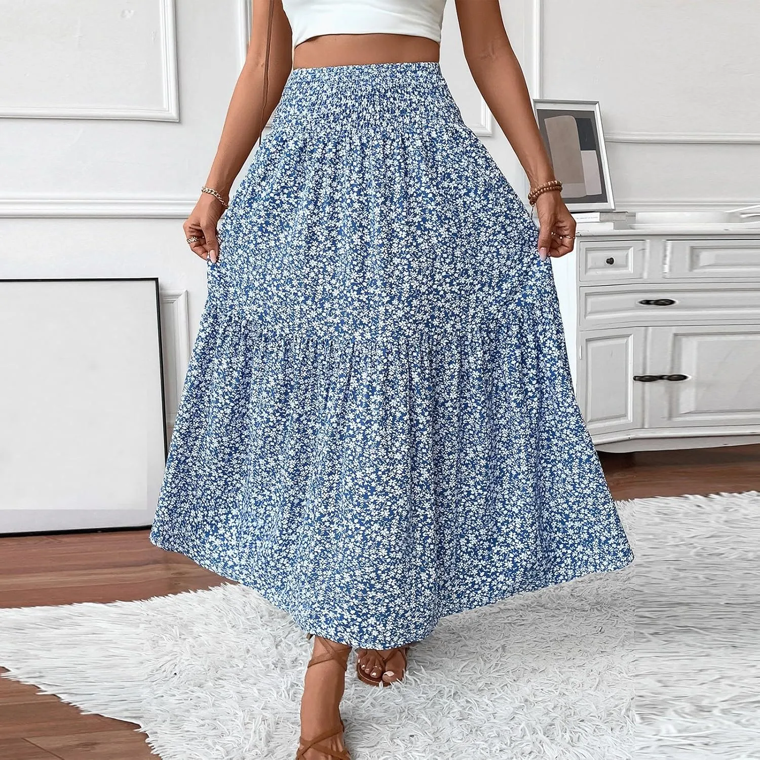 Boho Long Skirts for Women High Elastic Waist Midi Skirt Casual Summer Trendy Tie Ruffle Floral Print A line Skirts