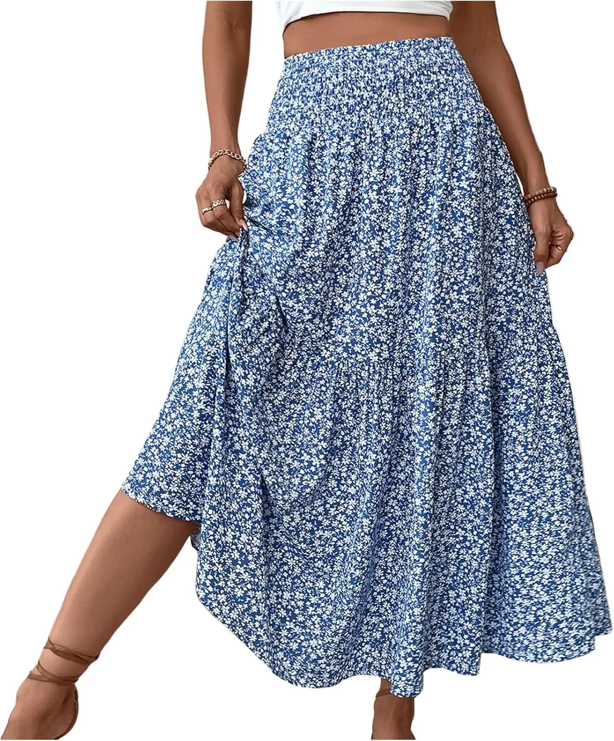 Boho Long Skirts for Women High Elastic Waist Midi Skirt Casual Summer Trendy Tie Ruffle Floral Print A line Skirts