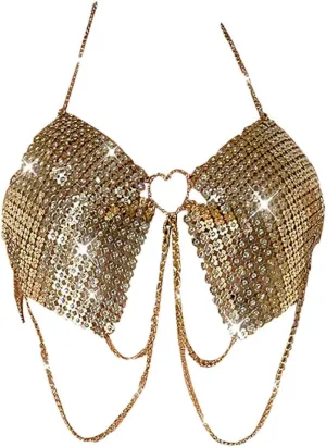 Boho Rhinestone Chest Chain Bra Shiny Crystal Tassel Underwear Necklace Gold Sequins Crop Top Bikini Body Accessories Jewelry for Women