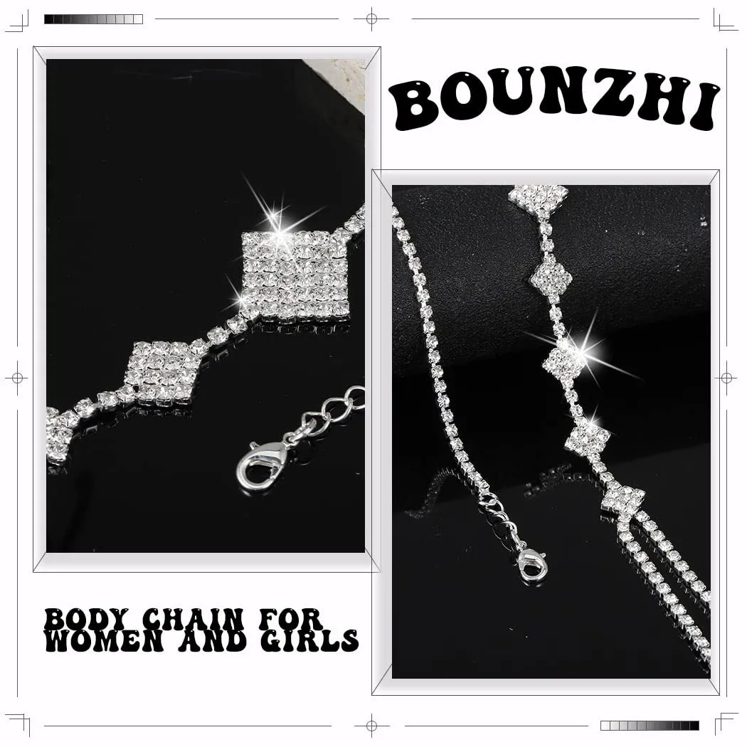 Bounzhi Rhinestone Body Chain Bra Crystal Body Jewelry Boho Bikini Body Necklace Crossover for Women(D)