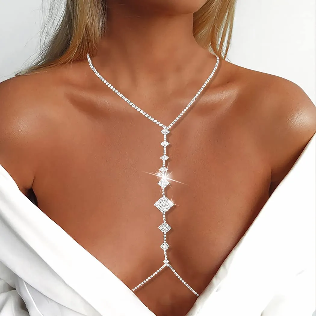 Bounzhi Rhinestone Body Chain Bra Crystal Body Jewelry Boho Bikini Body Necklace Crossover for Women(D)