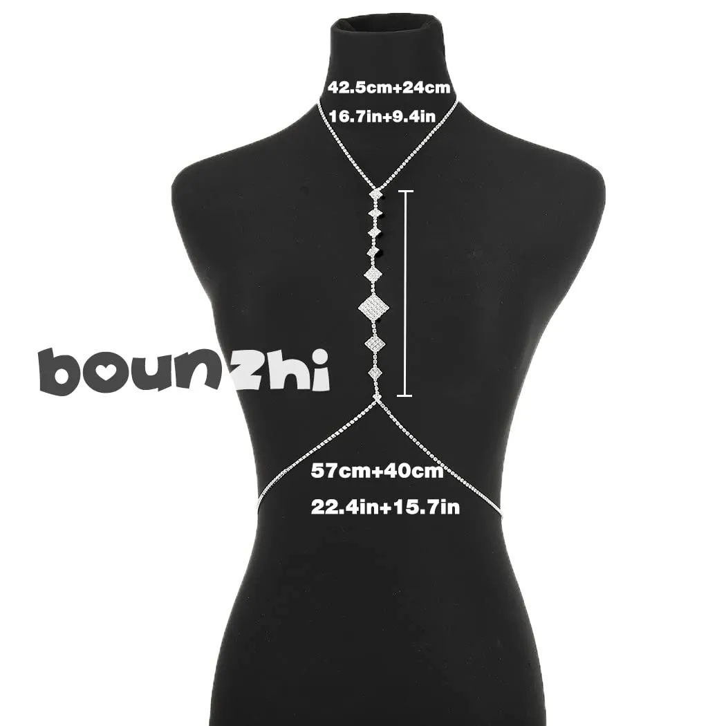 Bounzhi Rhinestone Body Chain Bra Crystal Body Jewelry Boho Bikini Body Necklace Crossover for Women(D)