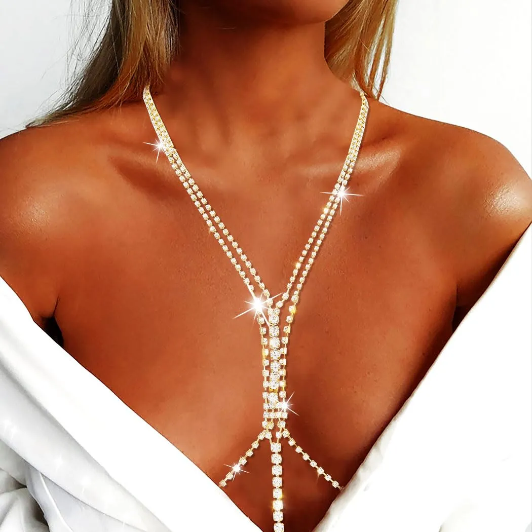 Bounzhi Sexy Rhinestone Body Chain Crossover Bra Crystal Body Jewelry Bikini Beach Body Necklace for Women (G)