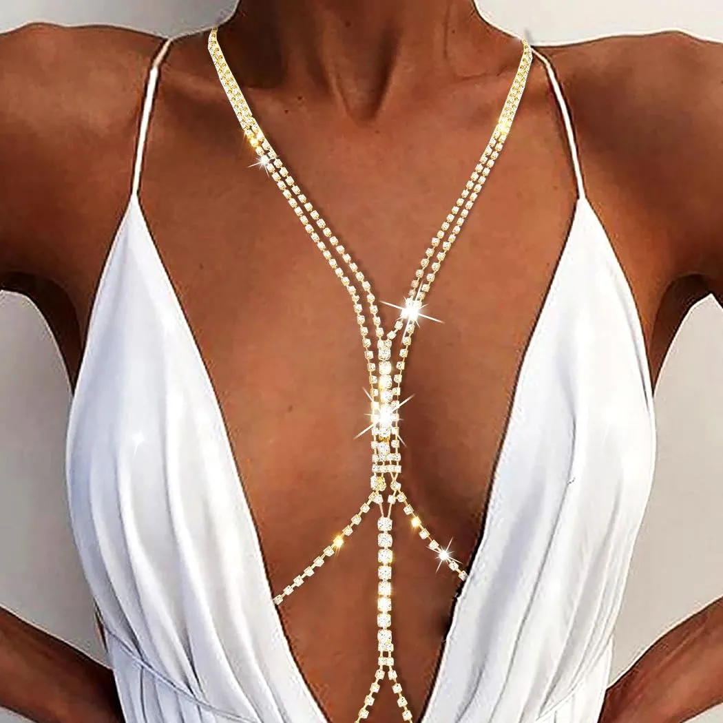 Bounzhi Sexy Rhinestone Body Chain Crossover Bra Crystal Body Jewelry Bikini Beach Body Necklace for Women (G)