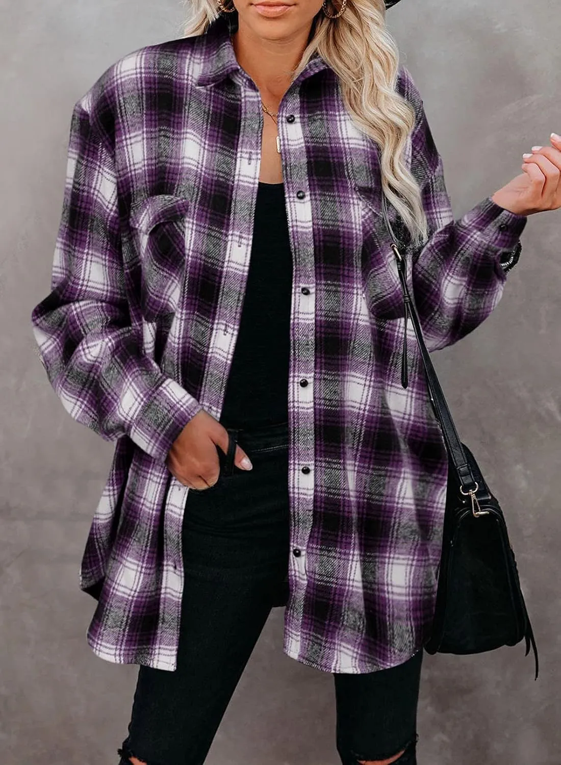 BTFBM Womens Plaid Jacket Long Sleeve Button Down Casual Flannel Shacket Shirts Loose Fall Spring Blouses Tops 2025