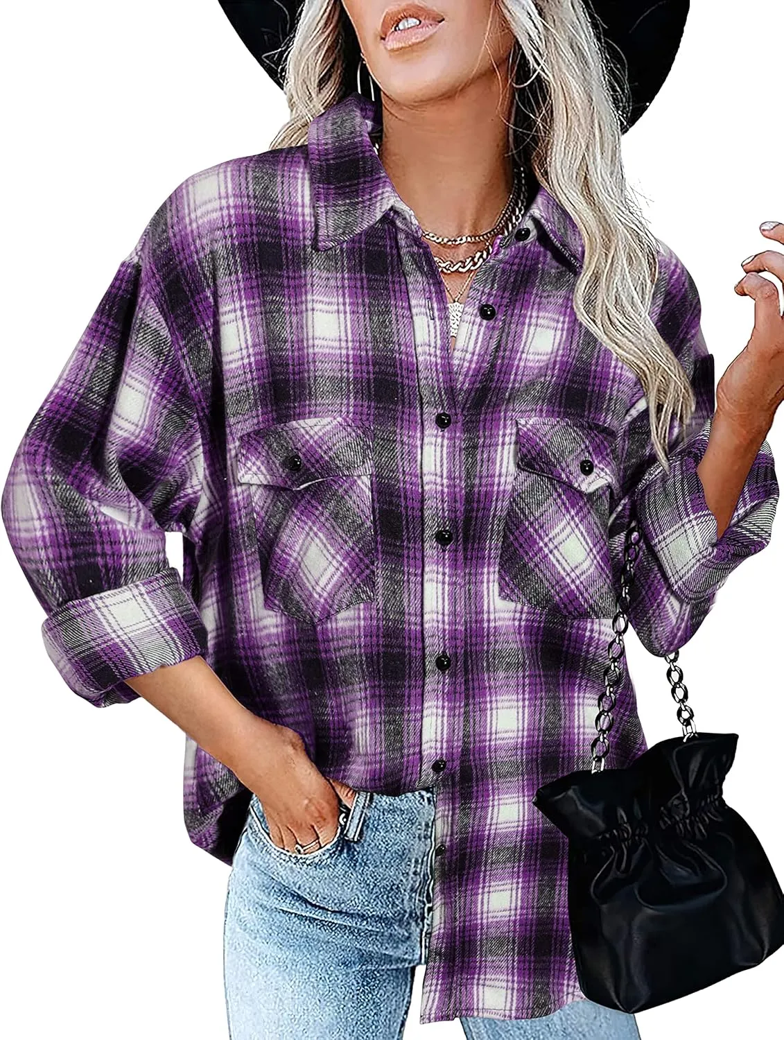 BTFBM Womens Plaid Jacket Long Sleeve Button Down Casual Flannel Shacket Shirts Loose Fall Spring Blouses Tops 2025