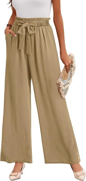 Buauty Wide Leg Palazzo Pants Woman with Pockets High Waist Pant Adjustable Knot Loose Trousers Business Casual Work Pants